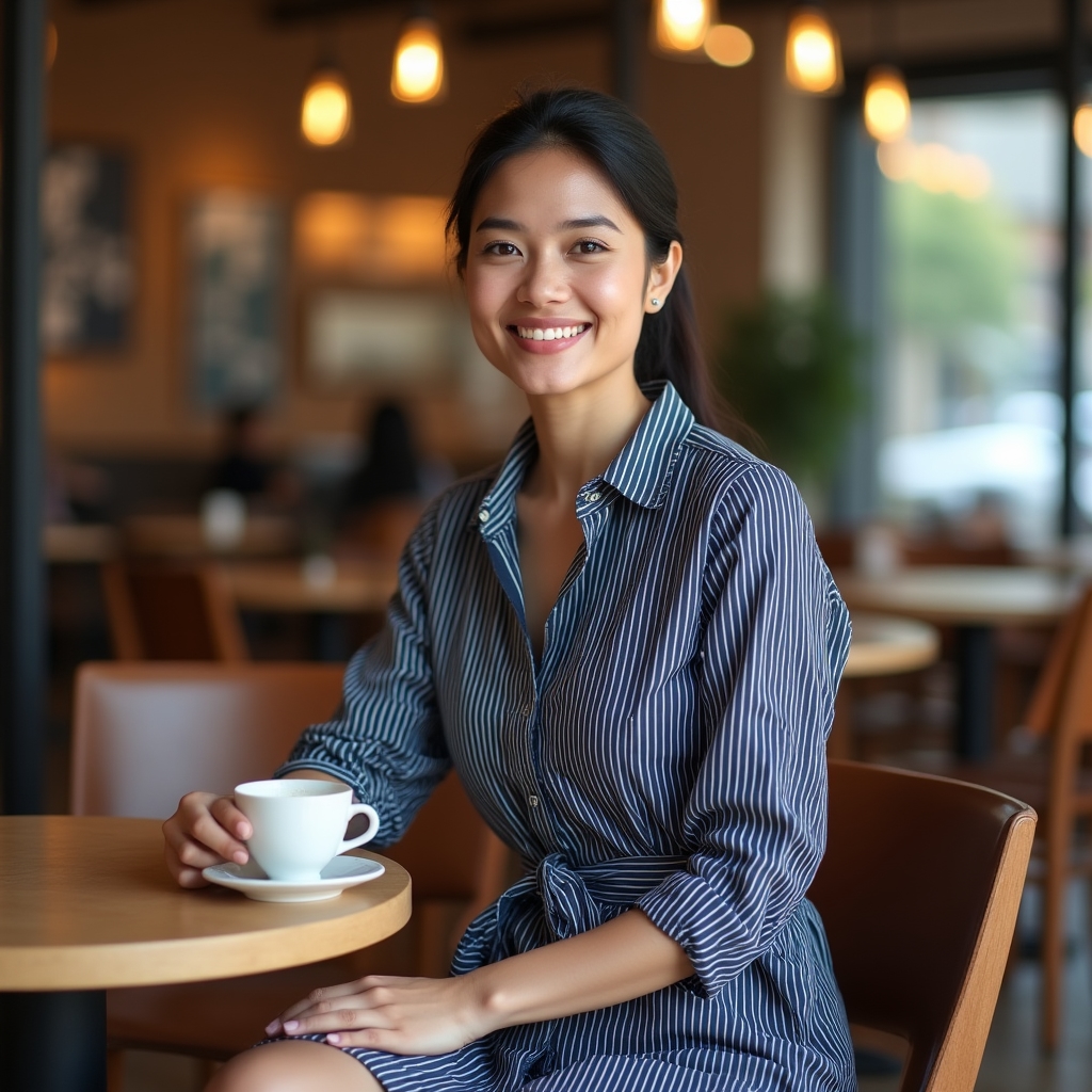 Classic navy and white pinstripe shirt dress with a button-front placket and relaxed belt, worn by a smiling young professional in a contemporary café