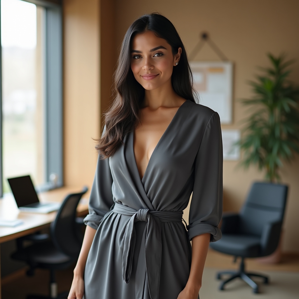 Slate grey wrap dress with a flattering V-neckline and adjustable tie, styled on a young woman in a modern office