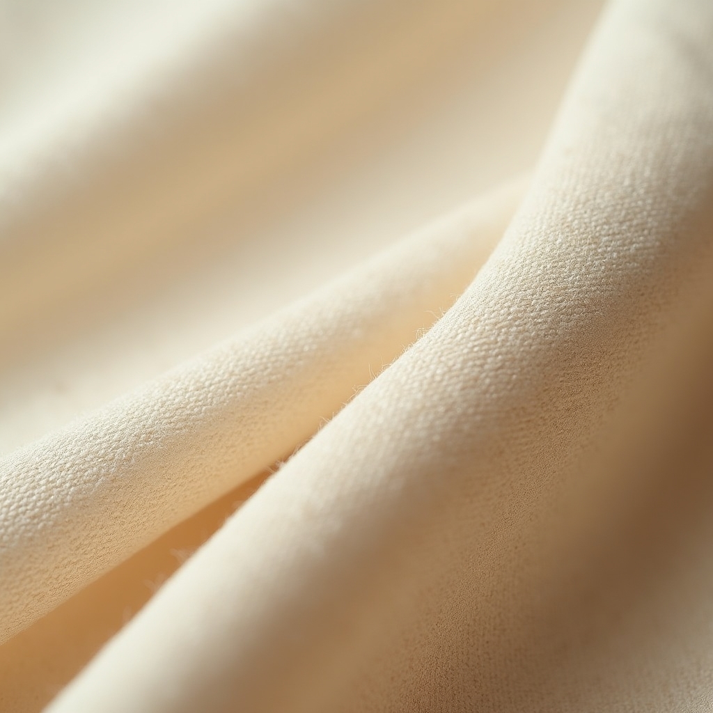 Macro close-up of ponte fabric texture showing tight weave and smooth surface, warm neutral tones, studio lighting highlighting fabric quality