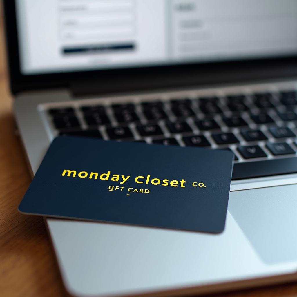 A physical gift card with a clean modern design resting on a laptop keyboard near a checkout screen, soft office lighting, top-down angle