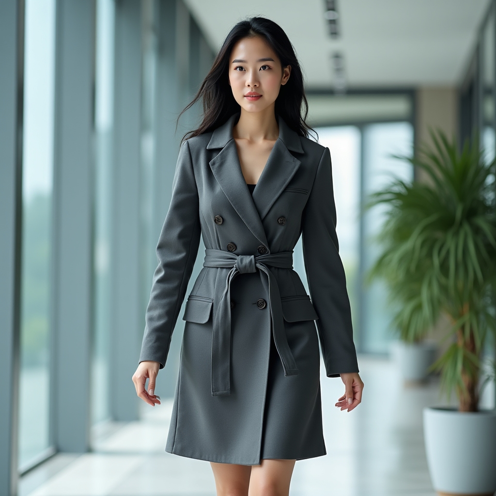Charcoal grey blazer-style dress with structured shoulders and a belted waist, worn by a woman walking through a modern office building