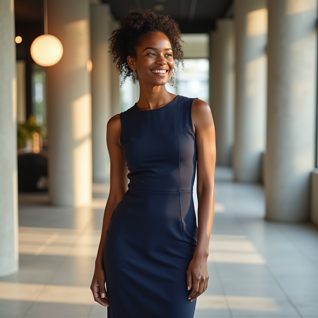 Young professional woman wearing a smart workwear dress, standing confidently in a modern office lobby