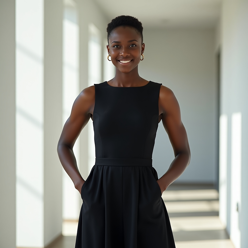 Classic black A-line dress with subtle texture, modeled by a young professional woman standing in a sunlit office corridor