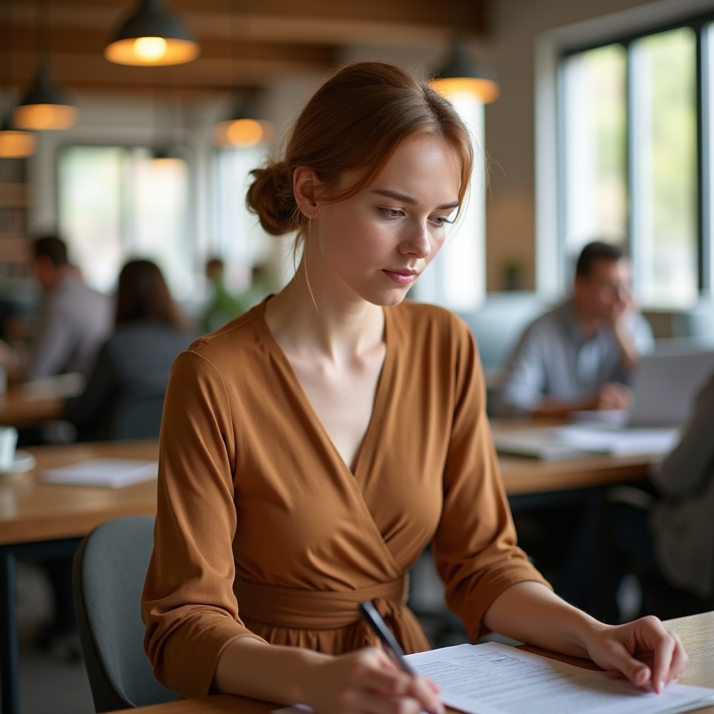 Camel-toned midi dress with a relaxed but polished silhouette, worn by a woman at a desk in a contemporary workspace
