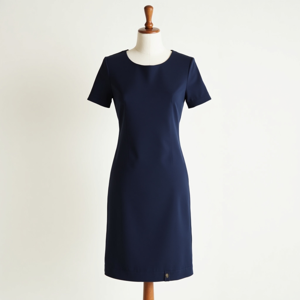 Navy blue sheath dress with clean tailored lines, displayed on a mannequin in a bright studio setting