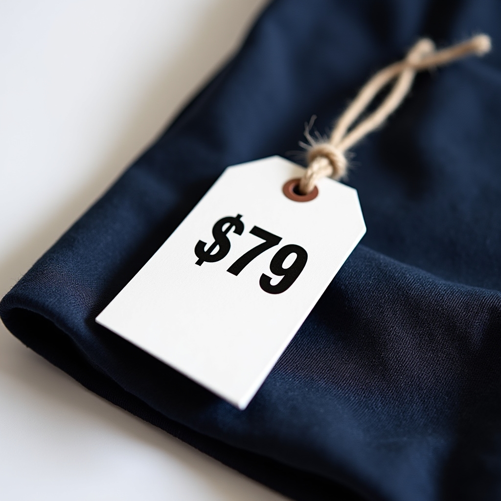 Close-up of a dress price tag showing $79 attached to a well-made fabric garment, clean white background with soft shadows