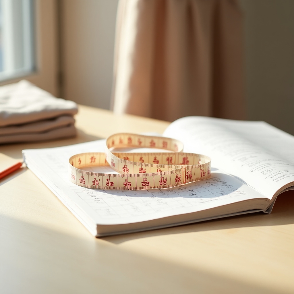 A soft measuring tape resting on an open size guide booklet, placed on a wooden desk with a dress in the background, warm natural light