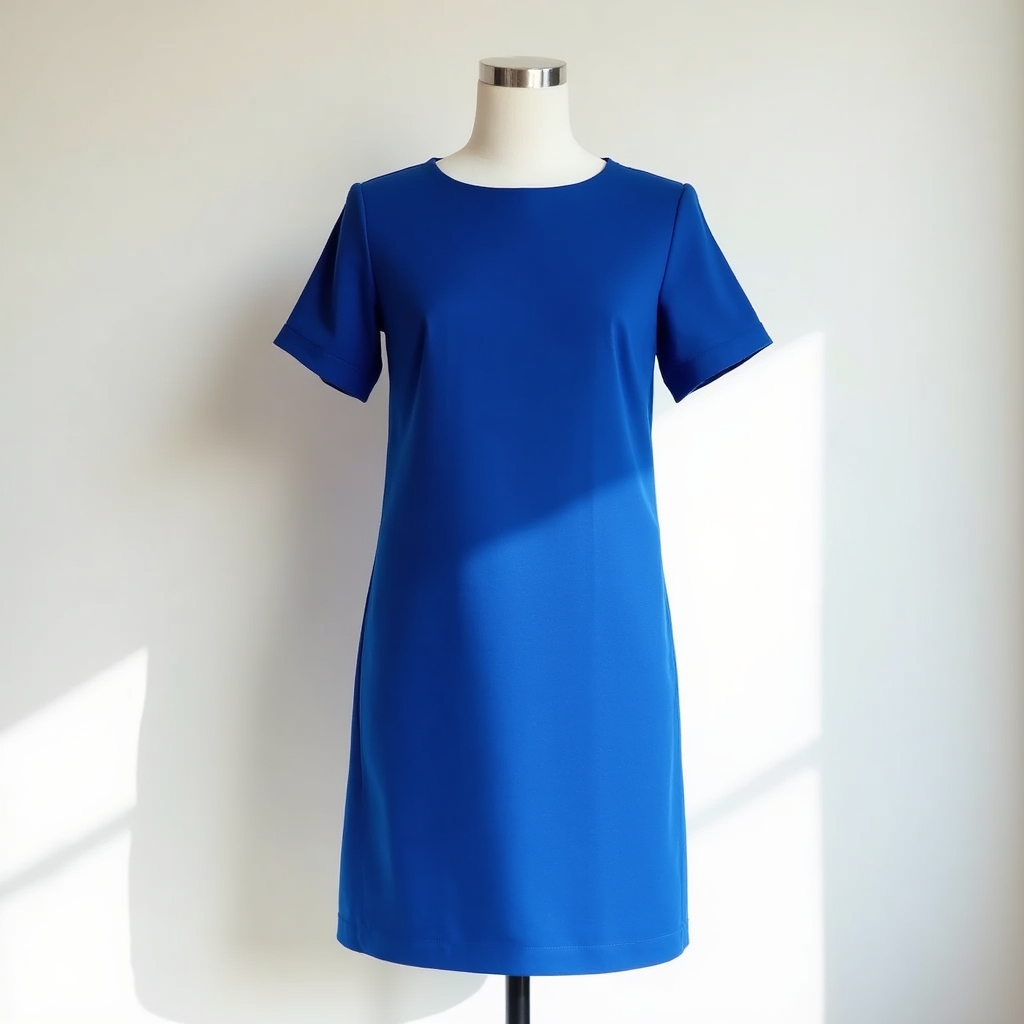 Cobalt blue shift dress with clean geometric lines, displayed against a white background in a well-lit fashion studio